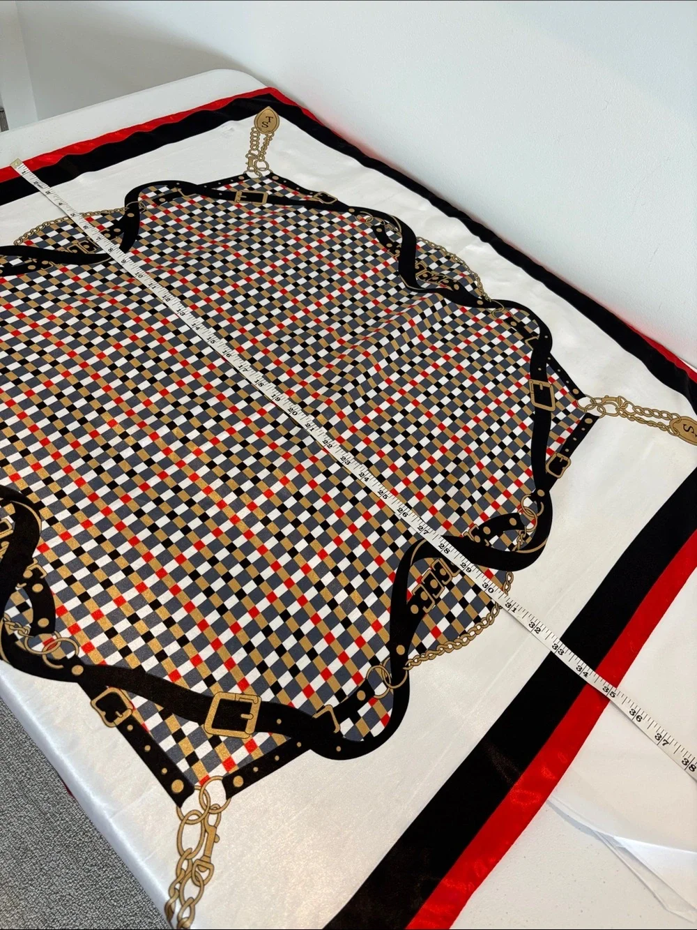 Vintage satin equestrian print neck scarf geometric & chain print red white blue - Picture 10 of 11